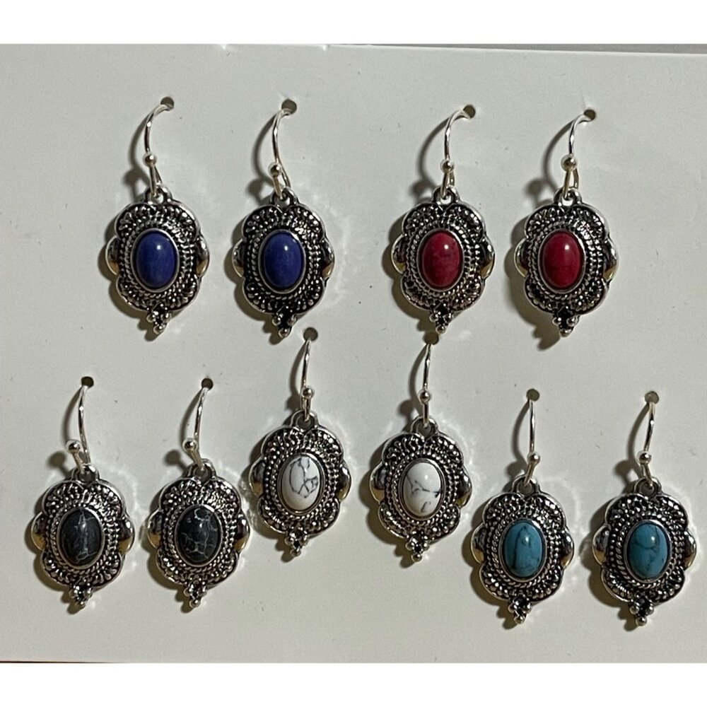 5 Pairs Silver Tone Dangle Earrings With Colorful Stone Accents Hook Back